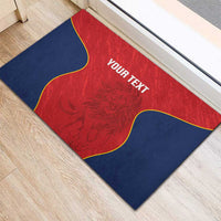 Red and navy rugby doormat with yellow-edged shape and your text lettering