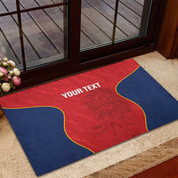 Custom red and navy rugby doormat with yellow outline and your text wording