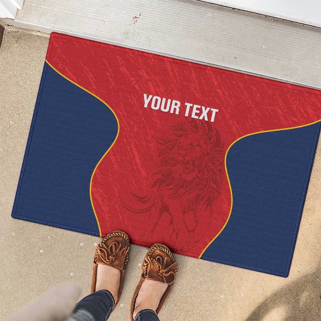 Red and navy rugby doormat with yellow outline and your text, shown with shoes