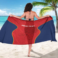 Back view of red and navy rugby sarong with yellow trim and centered text panel