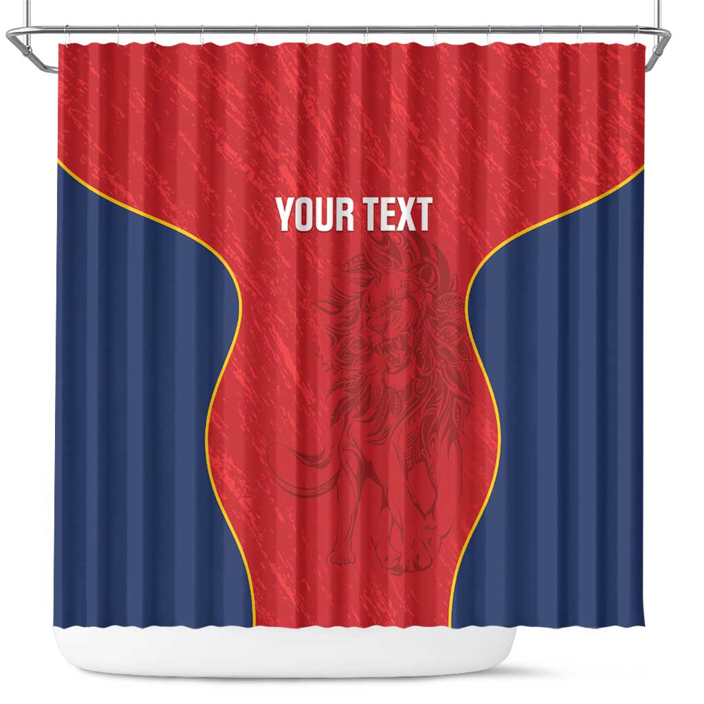 Red and blue rugby-style shower curtain with bold “YOUR TEXT” center design