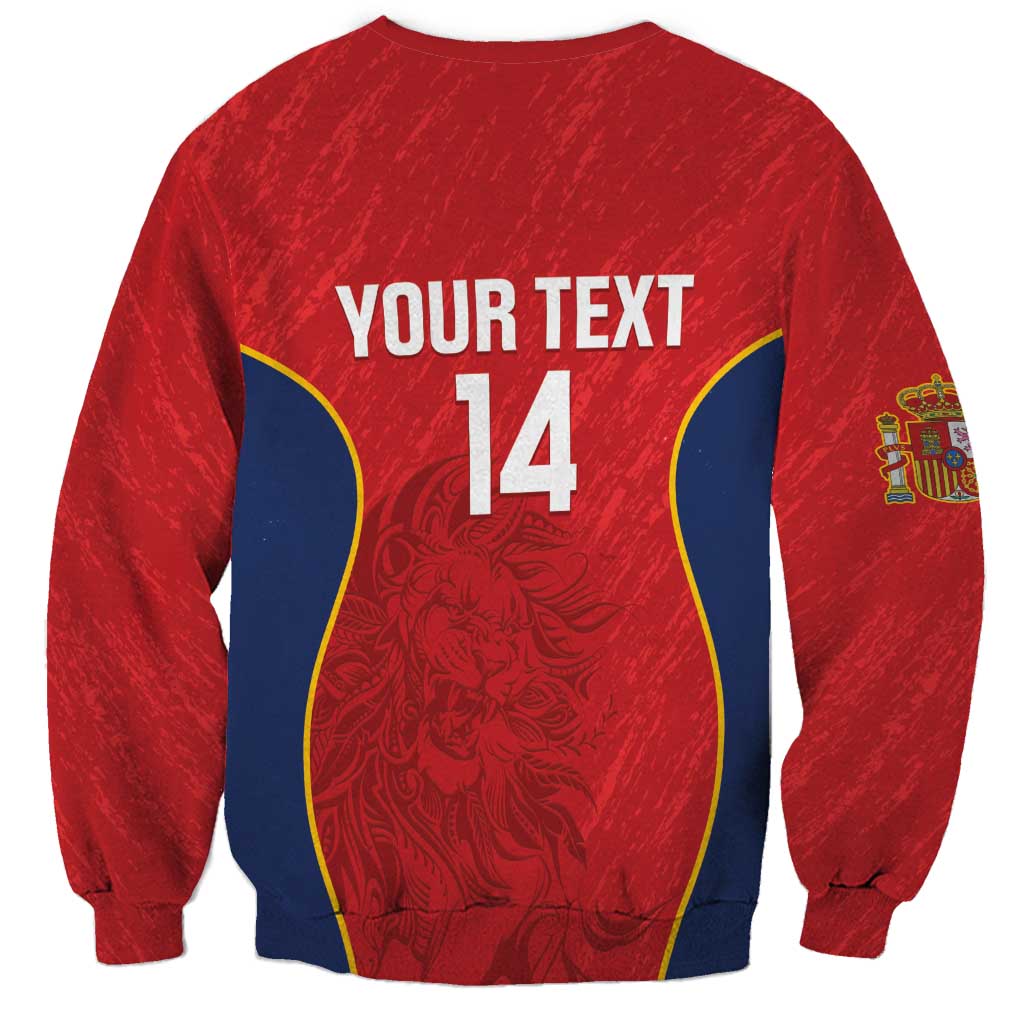 Red Spain rugby sweatshirt back with 'YOUR TEXT' and number 14 over lion graphic