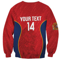 Red Spain rugby sweatshirt back with 'YOUR TEXT' and number 14 over lion graphic