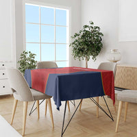 Custom dining tablecloth with red center, navy sides, and yellow accent border