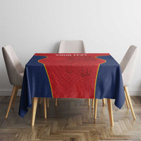 Custom dining tablecloth with red top panel, navy sides, and yellow-lined edges
