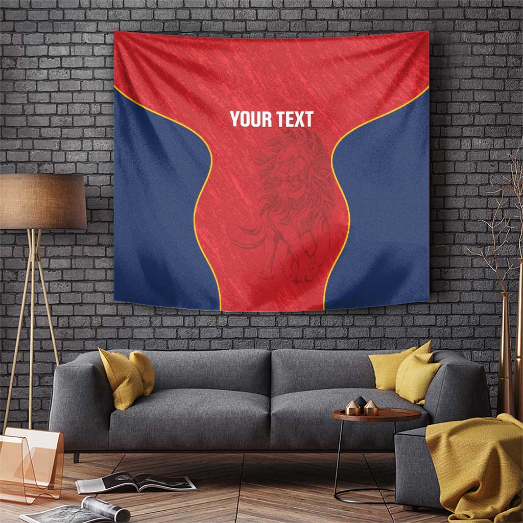 Red and navy lion tapestry with yellow edging and “YOUR TEXT” centered in design