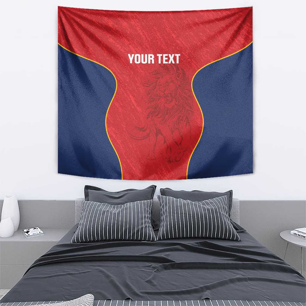 Red and navy rugby tapestry with lion graphic, yellow trim, and “YOUR TEXT”