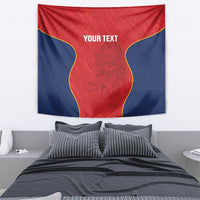 Red and navy rugby tapestry with lion graphic, yellow trim, and “YOUR TEXT”