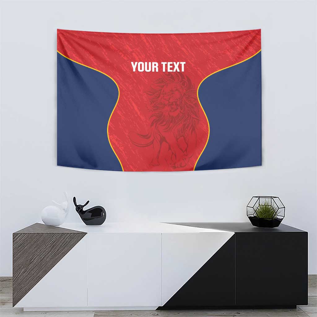 Red and navy wall tapestry with lion emblem, yellow border, and “YOUR TEXT”
