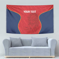 Red and navy lion rugby tapestry with yellow trim and “YOUR TEXT” across center