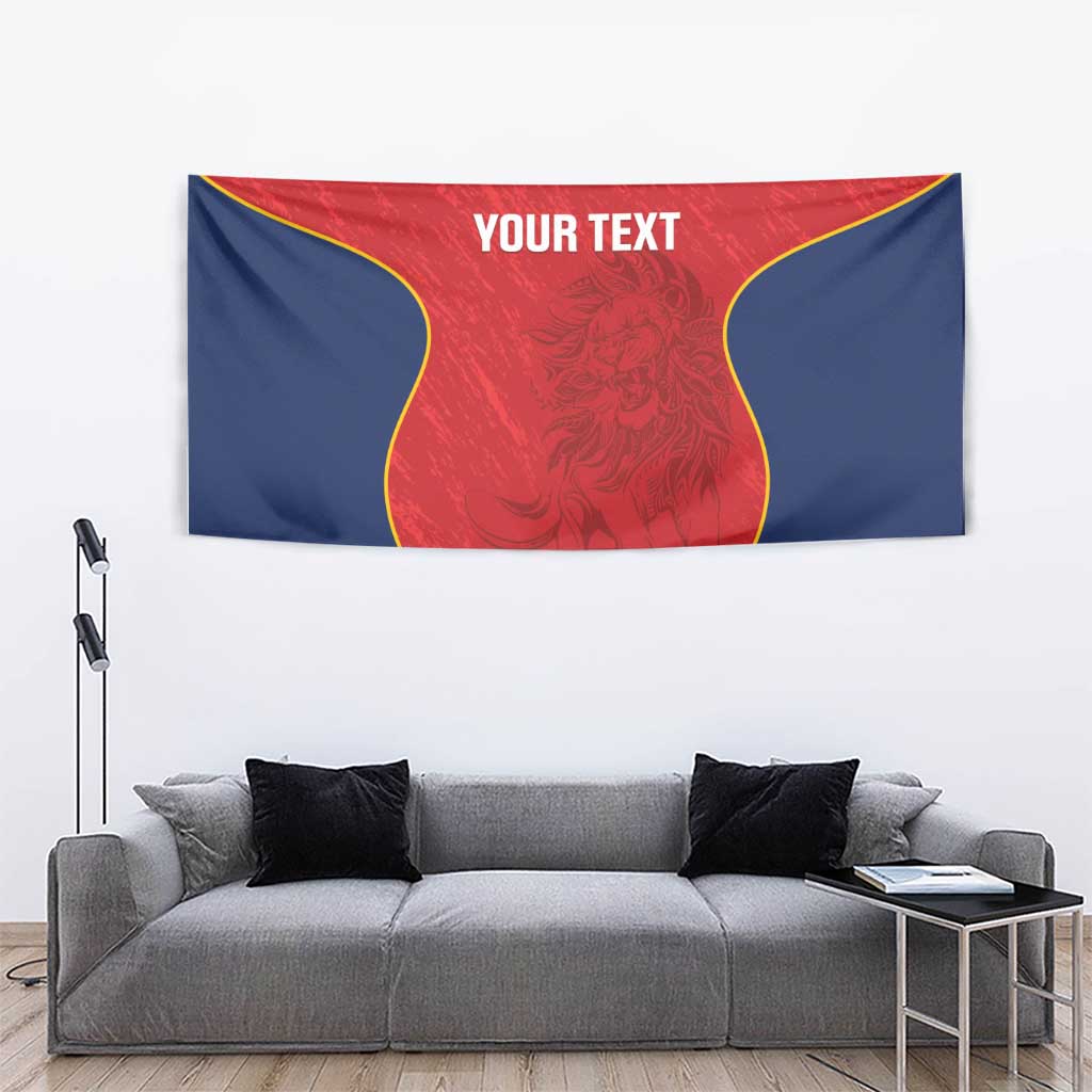 Red and navy rugby-style tapestry with lion design, yellow outline, and “YOUR TEXT”
