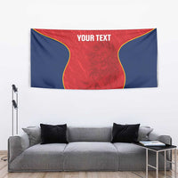 Red and navy rugby-style tapestry with lion design, yellow outline, and “YOUR TEXT”