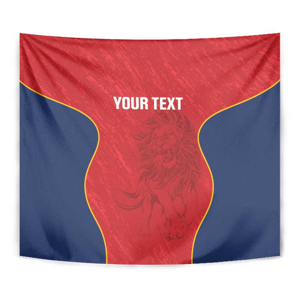 Red and navy wall hanging tapestry featuring a lion graphic and “YOUR TEXT”