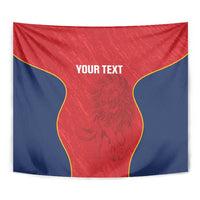 Red and navy wall hanging tapestry featuring a lion graphic and “YOUR TEXT”