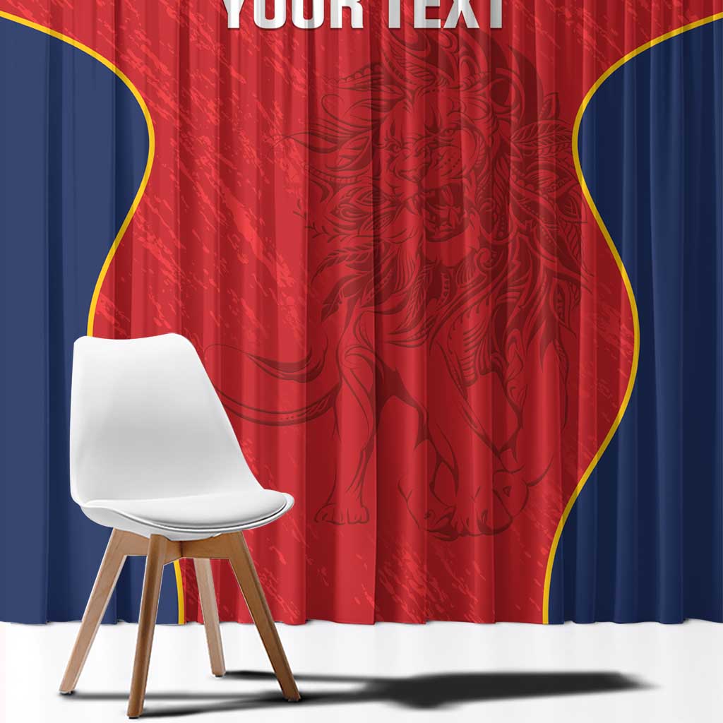 Close-up of red window curtain panel with navy side and yellow curved border, custom text