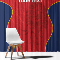 Close-up of red window curtain panel with navy side and yellow curved border, custom text
