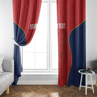 Pair of red and navy window curtains with yellow curved trim, gathered to each side