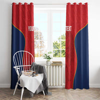 Red and navy drapes with yellow curved trim and custom text, hung with top rings