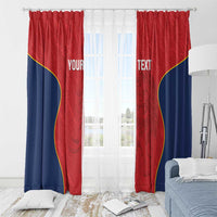 Red and navy window curtain set with yellow curved trim and custom text, mounted on rings