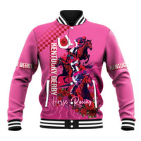 Unisex pink baseball jacket with rose and horse racing graphic, black-and-white ribbed trim