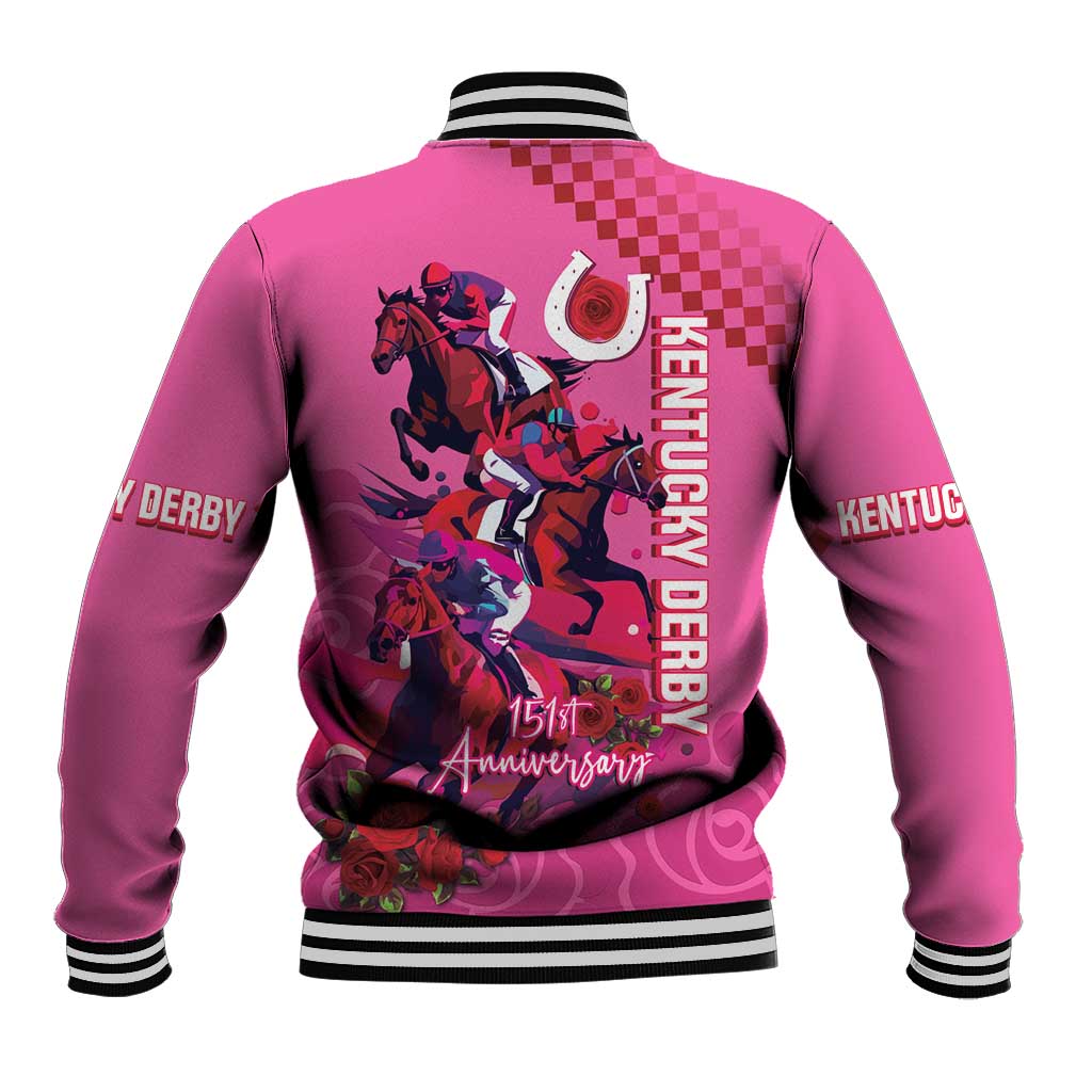 Unisex pink baseball jacket with back horse and rose graphic, 151st Anniversary text