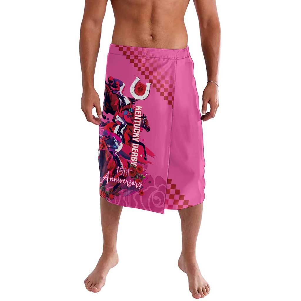 Pink knee-length skirt with horse racing graphic and checker accents