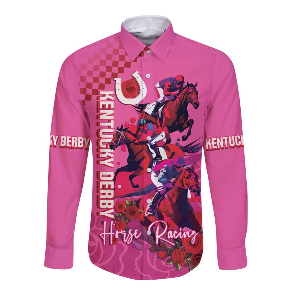 Pink long-sleeve button shirt with horse racing graphic and roses, front view