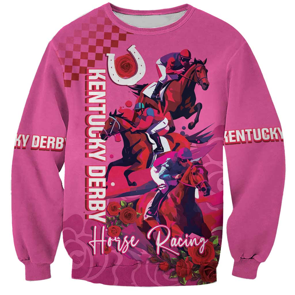 Pink unisex sweatshirt with horse racing graphic and roses, crewneck, long sleeves