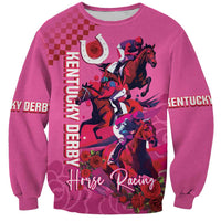 Pink unisex sweatshirt with horse racing graphic and roses, crewneck, long sleeves