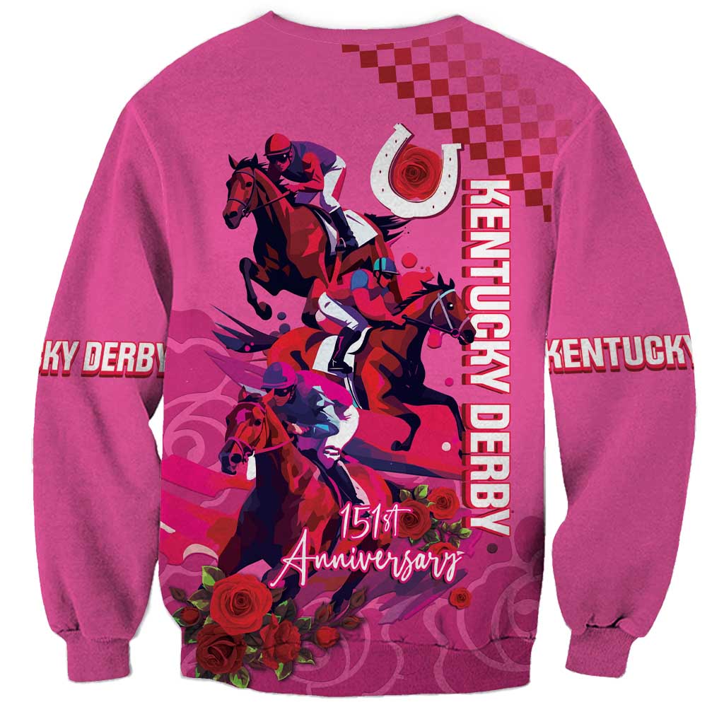 Pink unisex sweatshirt back view with horse racing graphic, roses, crewneck long sleeves