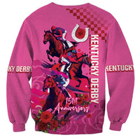 Pink unisex sweatshirt back view with horse racing graphic, roses, crewneck long sleeves