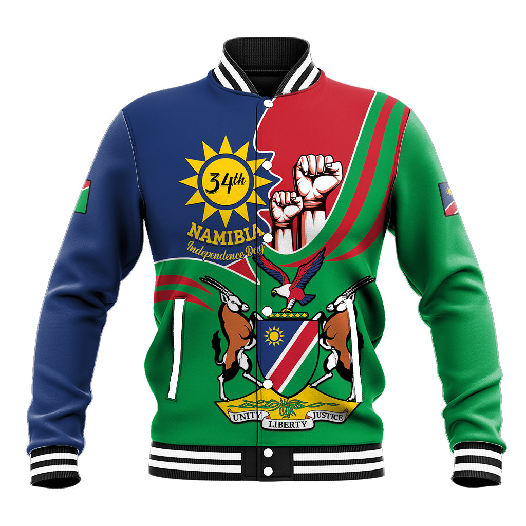Unisex baseball jacket in navy, red, and green with Namibia coat-of-arms front print