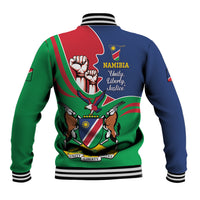 Unisex baseball jacket with ribbed collar and Namibia coat-of-arms back graphic, navy red green