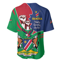 Baseball jersey back with Namibia coat-of-arms, text “Unity, Liberty, Justice”