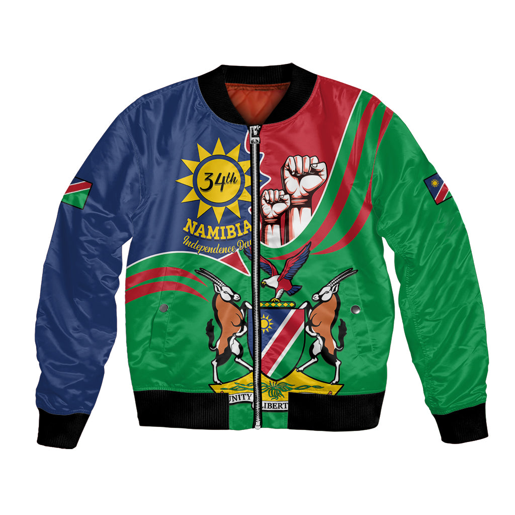 Men's green bomber jacket with full-zip, ribbed cuffs, bold Namibia crest graphic