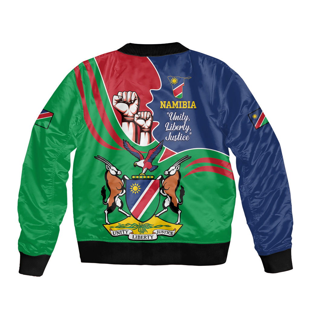 Green and blue bomber jacket, full-zip front, ribbed hem, Namibia emblem and text print