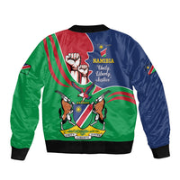 Green and blue bomber jacket, full-zip front, ribbed hem, Namibia emblem and text print