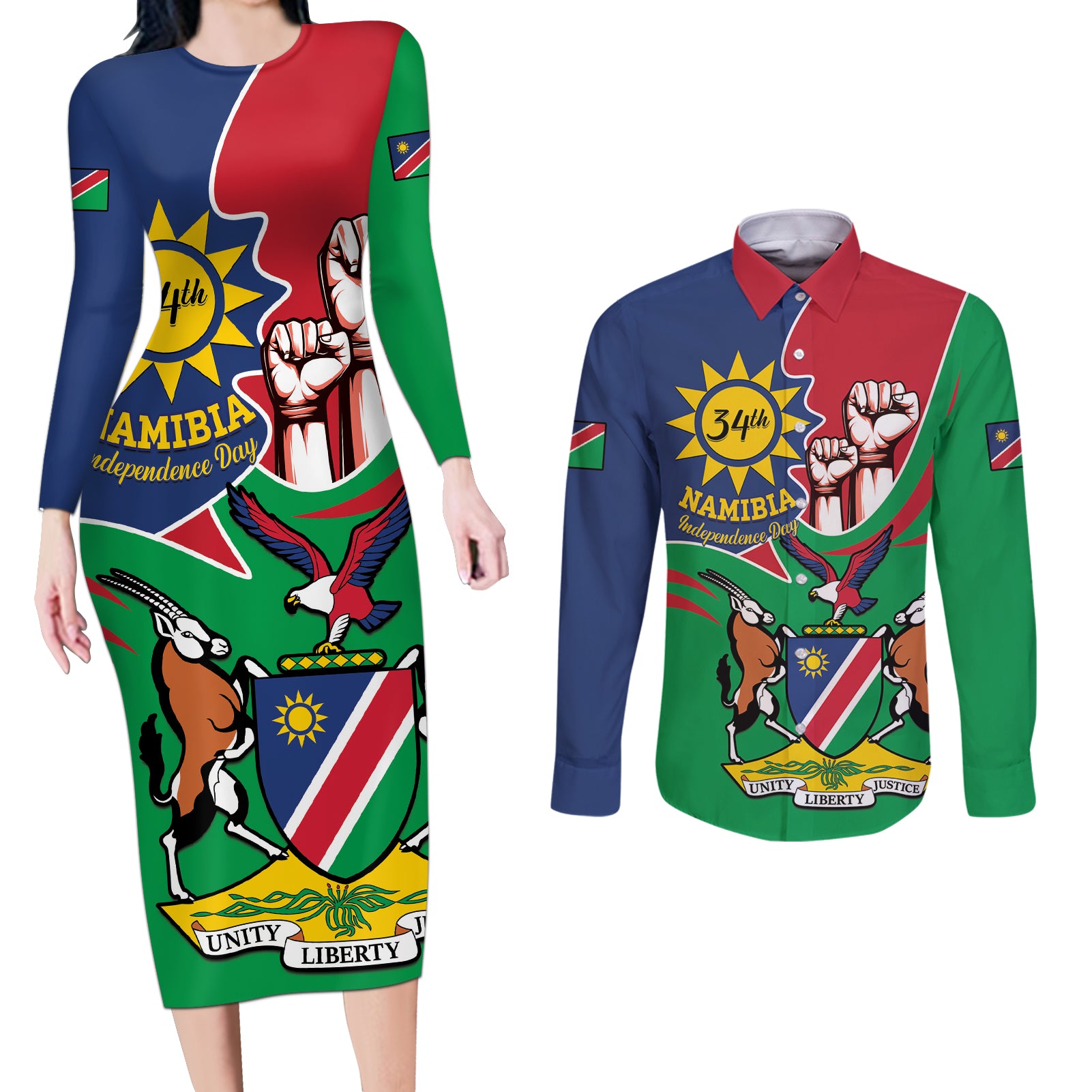 Namibia Independence Day Couples Matching Long Sleeve Bodycon Dress and Long Sleeve Button Shirt Coat Of Arms Curve Style - Wonder Print Shop