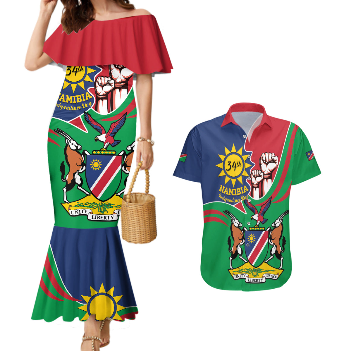 Namibia Independence Day Couples Matching Mermaid Dress and Hawaiian Shirt Coat Of Arms Curve Style - Wonder Print Shop