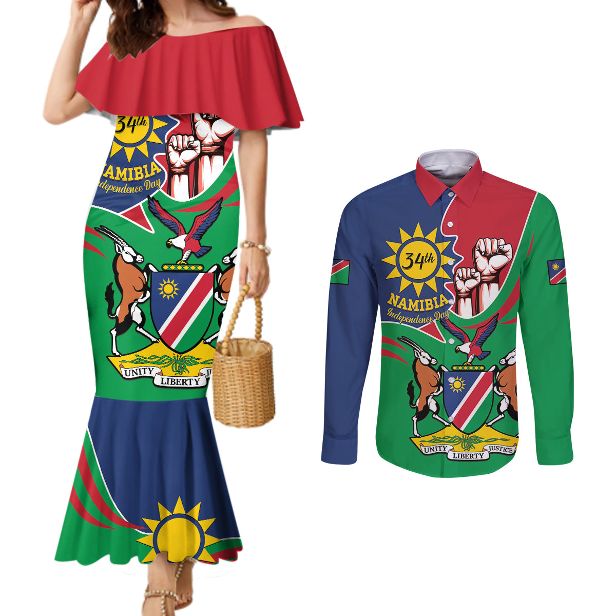 Namibia Independence Day Couples Matching Mermaid Dress and Long Sleeve Button Shirt Coat Of Arms Curve Style