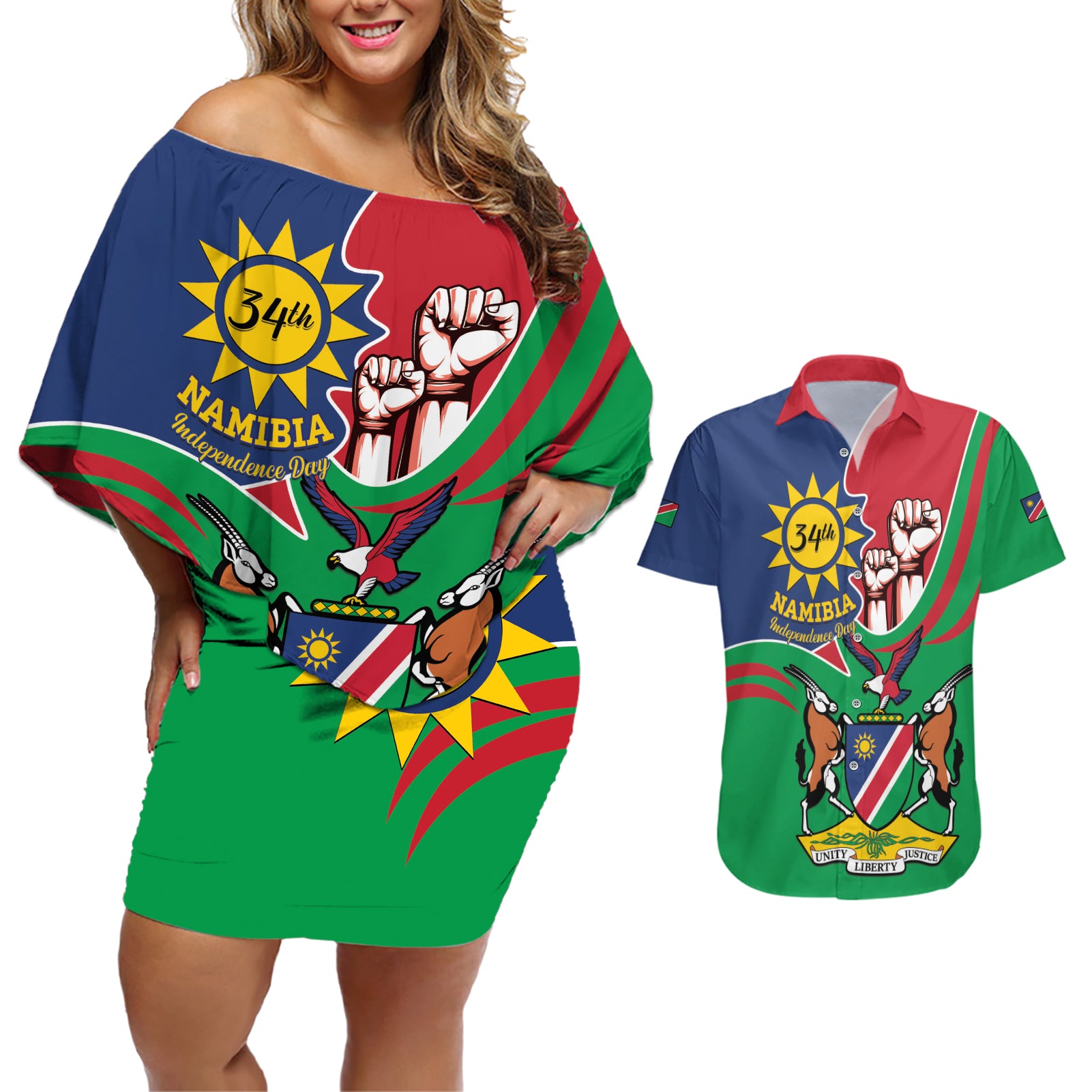 Namibia Independence Day Couples Matching Off Shoulder Short Dress and Hawaiian Shirt Coat Of Arms Curve Style - Wonder Print Shop