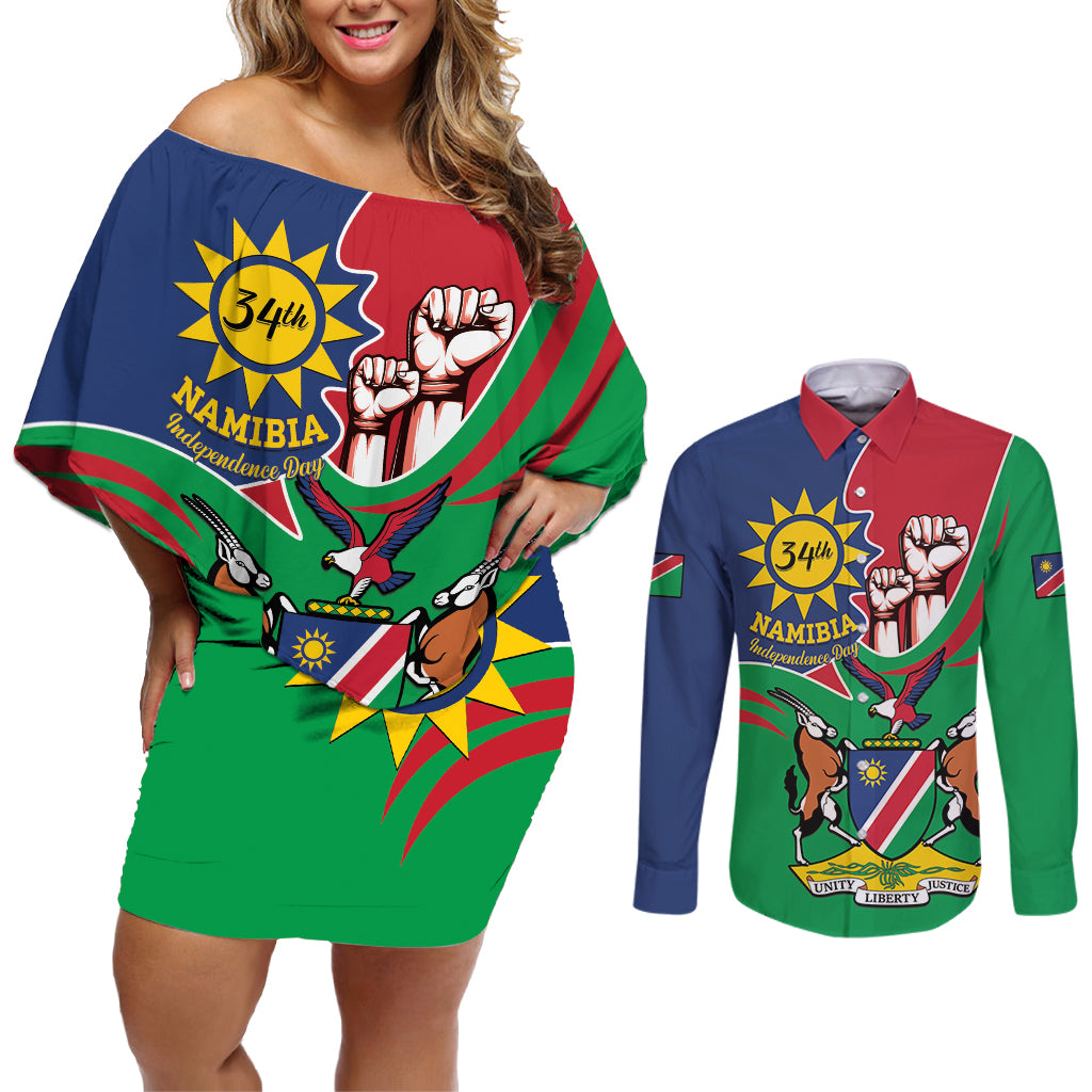 Namibia Independence Day Couples Matching Off Shoulder Short Dress and Long Sleeve Button Shirt Coat Of Arms Curve Style - Wonder Print Shop