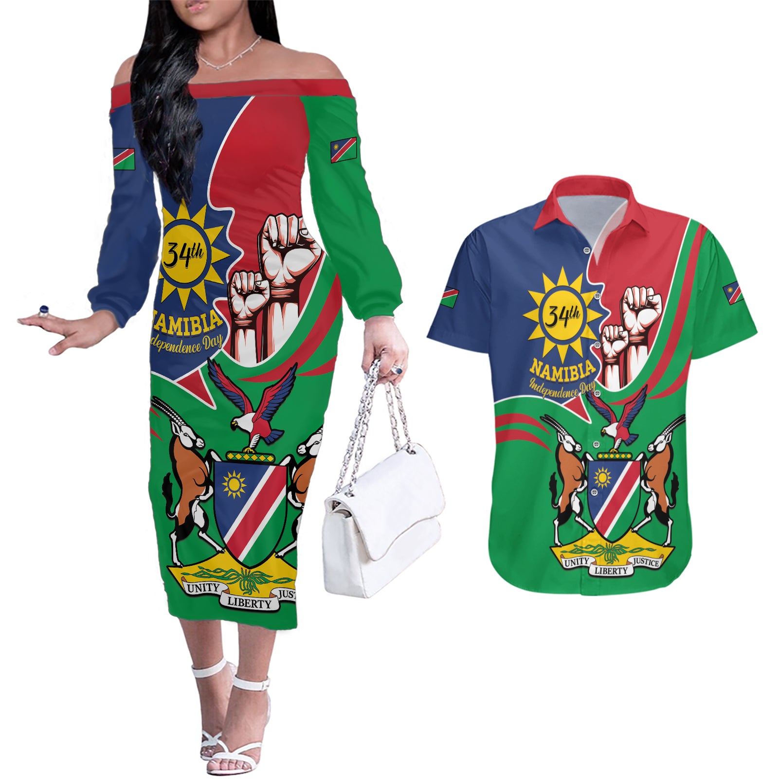 Namibia Independence Day Couples Matching Off The Shoulder Long Sleeve Dress and Hawaiian Shirt Coat Of Arms Curve Style - Wonder Print Shop