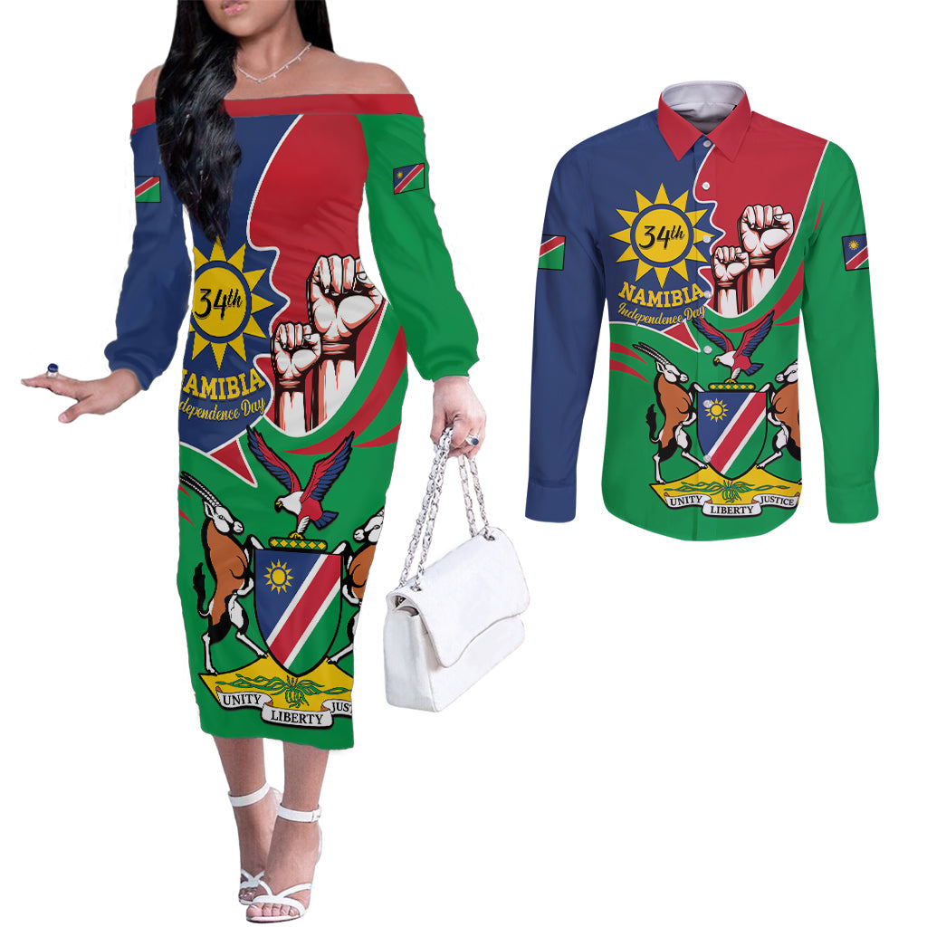 Namibia Independence Day Couples Matching Off The Shoulder Long Sleeve Dress and Long Sleeve Button Shirt Coat Of Arms Curve Style