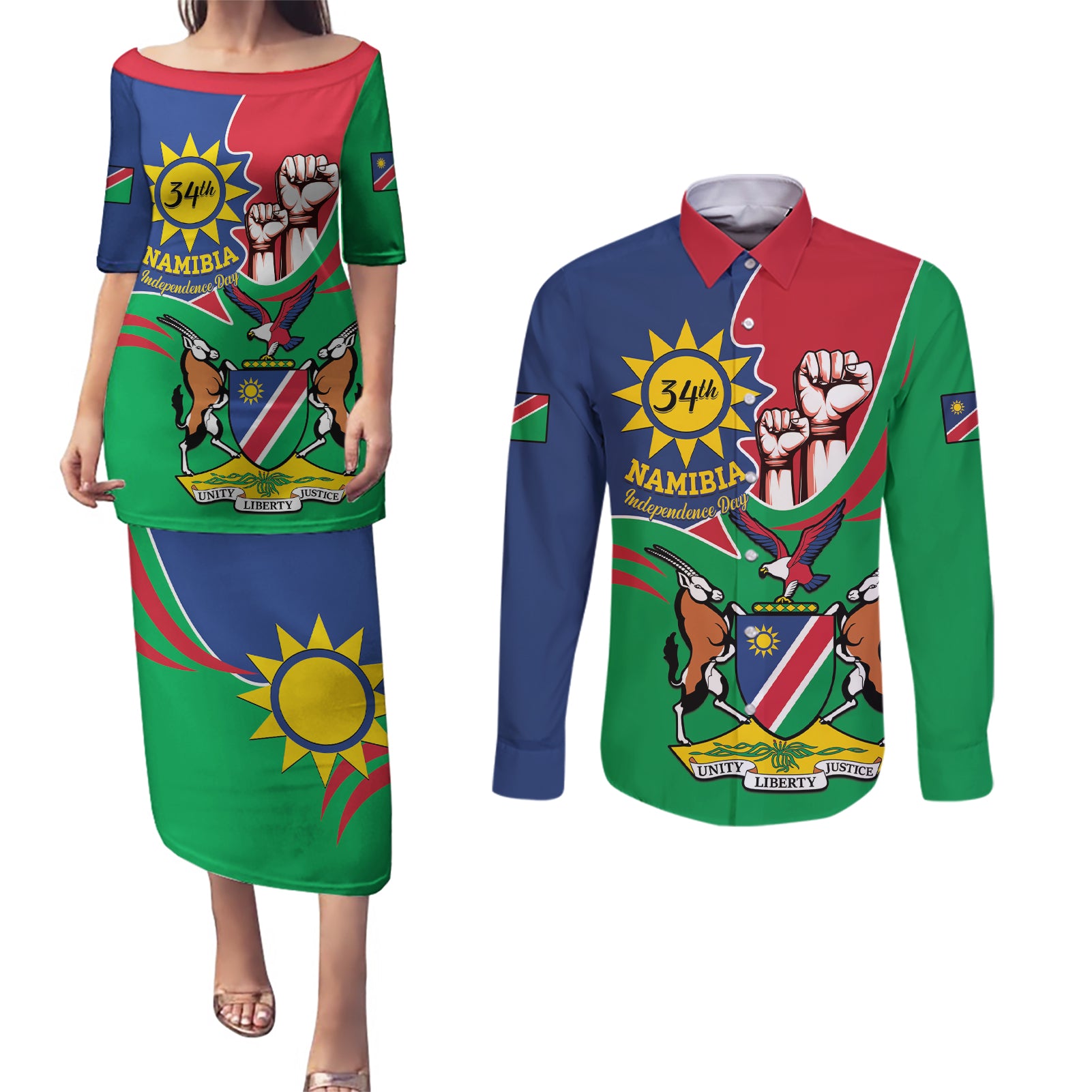 Namibia Independence Day Couples Matching Puletasi and Long Sleeve Button Shirt Coat Of Arms Curve Style - Wonder Print Shop