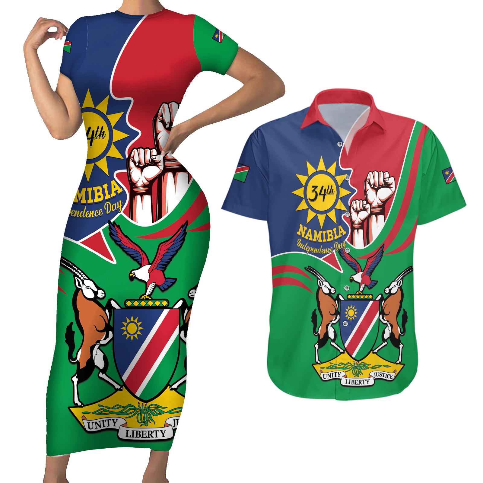 Namibia Independence Day Couples Matching Short Sleeve Bodycon Dress and Hawaiian Shirt Coat Of Arms Curve Style - Wonder Print Shop