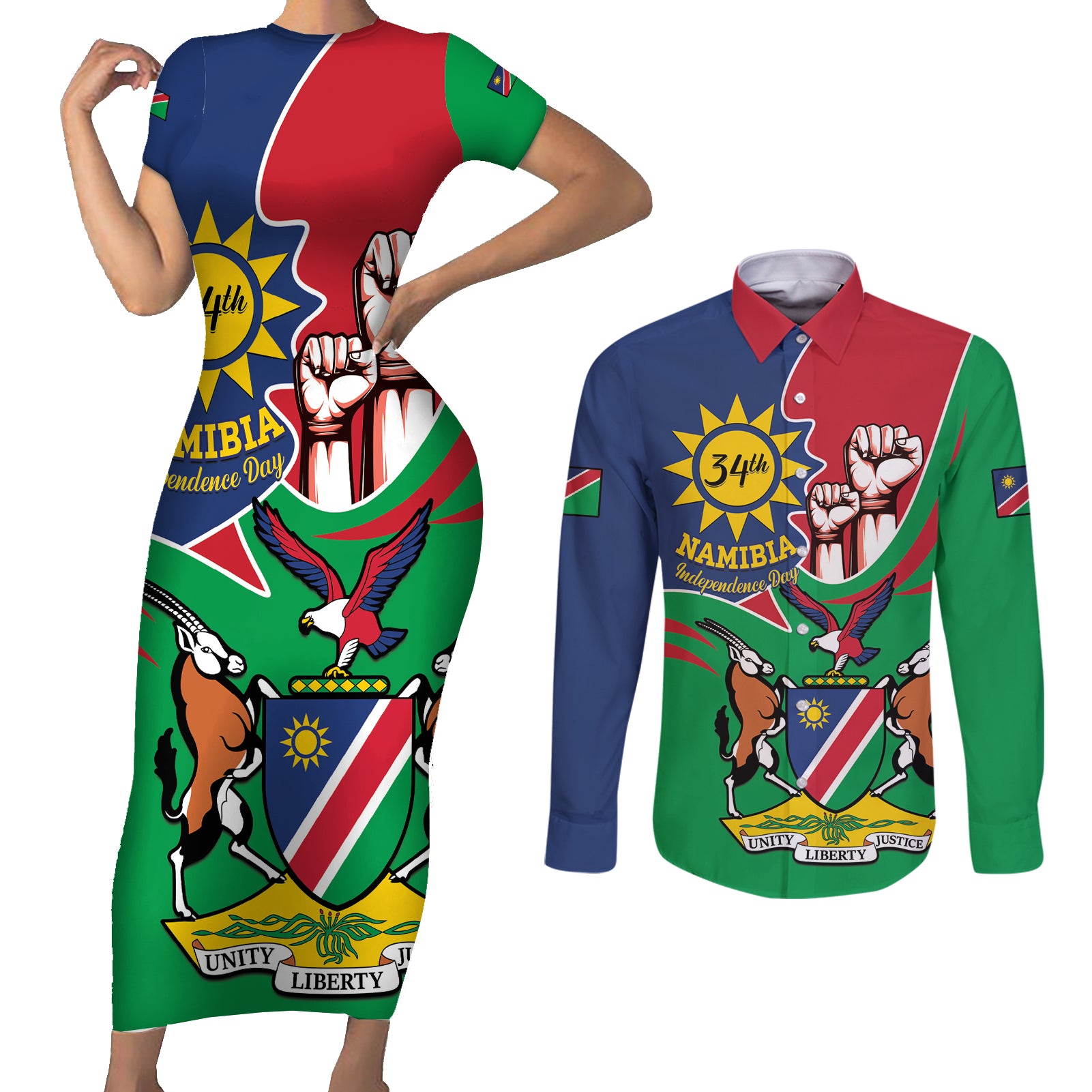 Namibia Independence Day Couples Matching Short Sleeve Bodycon Dress and Long Sleeve Button Shirt Coat Of Arms Curve Style - Wonder Print Shop