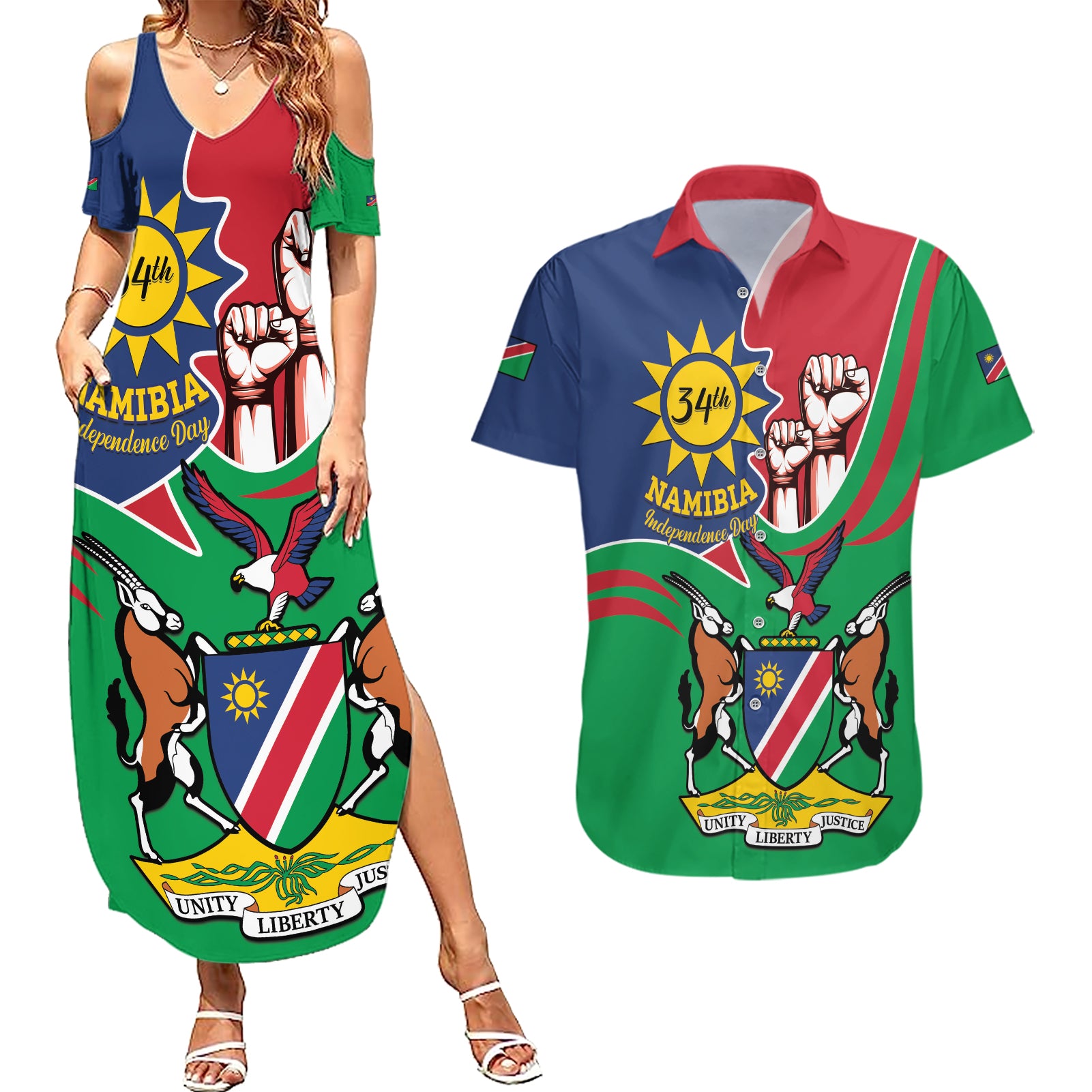 Namibia Independence Day Couples Matching Summer Maxi Dress and Hawaiian Shirt Coat Of Arms Curve Style - Wonder Print Shop