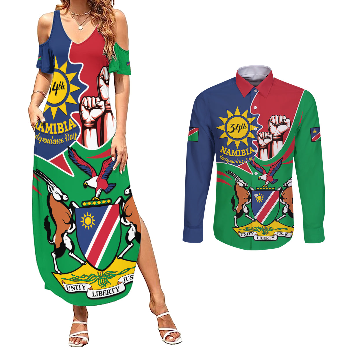 Namibia Independence Day Couples Matching Summer Maxi Dress and Long Sleeve Button Shirt Coat Of Arms Curve Style - Wonder Print Shop