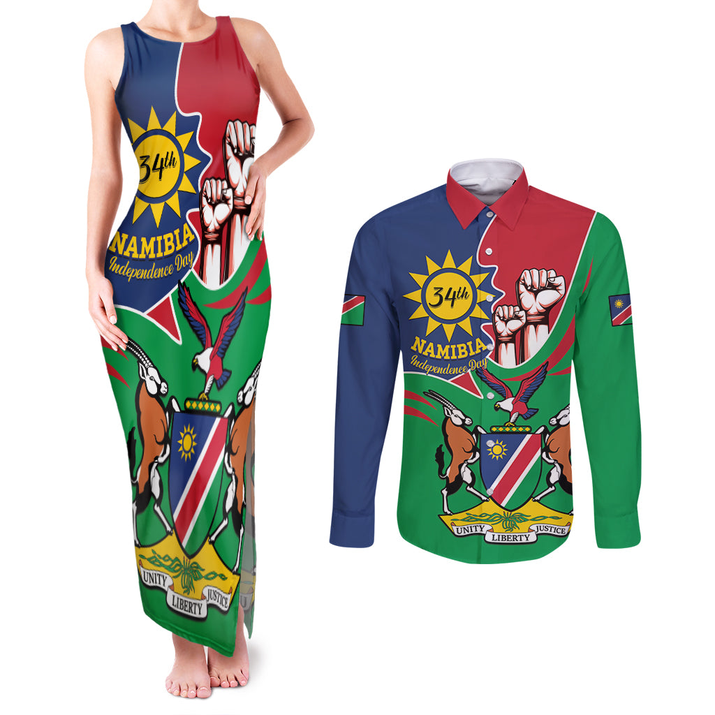 Namibia Independence Day Couples Matching Tank Maxi Dress and Long Sleeve Button Shirt Coat Of Arms Curve Style - Wonder Print Shop